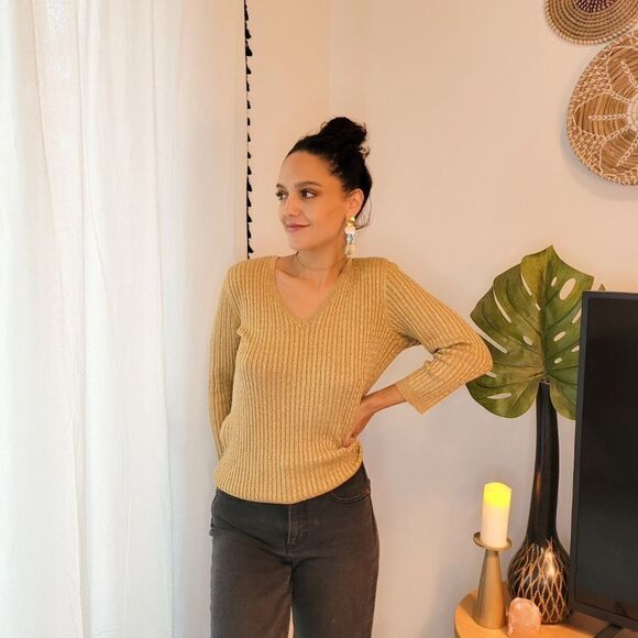 Ralph Lauren women's Gold shimmer V Neck Long sleeve New Year Sweater Medium - Picture 1 of 6